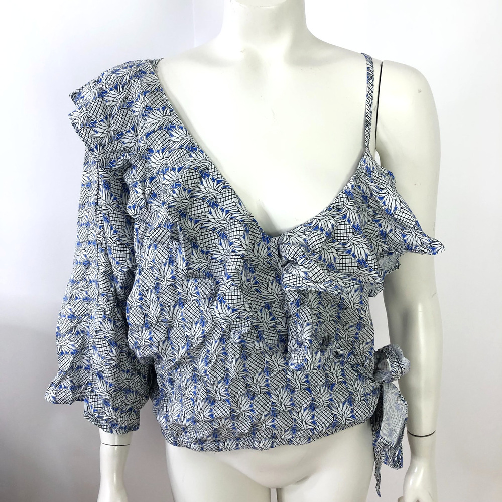 Maeve Anthropologie Medium Pullover Tank Top Bow Tie Blouse Blue Pineapple